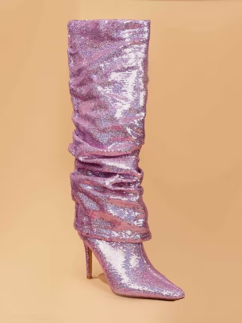 Chic Metallic Lilac Pink Sparkly Slouch Knee-High Boots